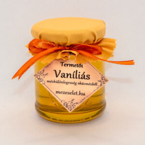 Vaníliás akácméz szövettel díszített üvegben, sárga lelógó címkével