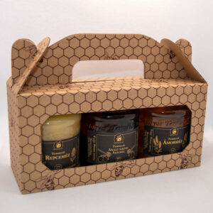 MézesHármas díszdobozos méz ajándékcsomag – három üveg méz elegáns dobozban