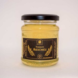 250 grammos akácméz, termelői minőség prémium megjelenésben, matt fekete kupakkal és címkével.