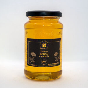 Bodzás akácméz 500 g üvegben, aranybarna motívumokkal díszített fekete címkével, prémium termelői méz