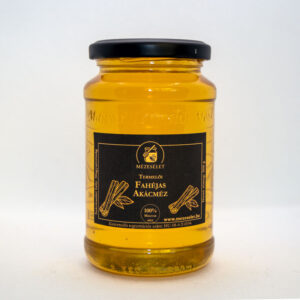 Fahéjas akácméz 500 g üvegben, aranybarna motívumokkal a fekete címén prémium termelői méz