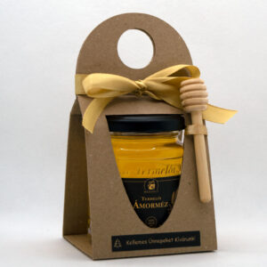 Mézes ajándékcsomag, díszdobozban, arany szalaggal, mézcsorgatóval díszítve