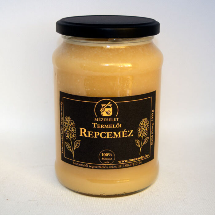 Repceméz 1000 g üvegben, törtfehér méz, fehér háttérrel fekete címkével, prémium megjelenésben