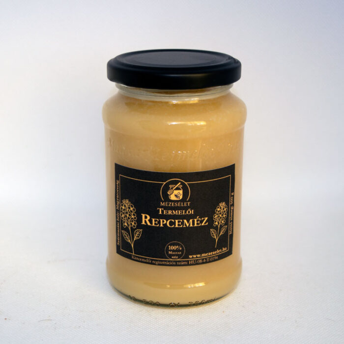 Repceméz 500 g, fehér háttér, világos mézzel és fekete modern matricával.