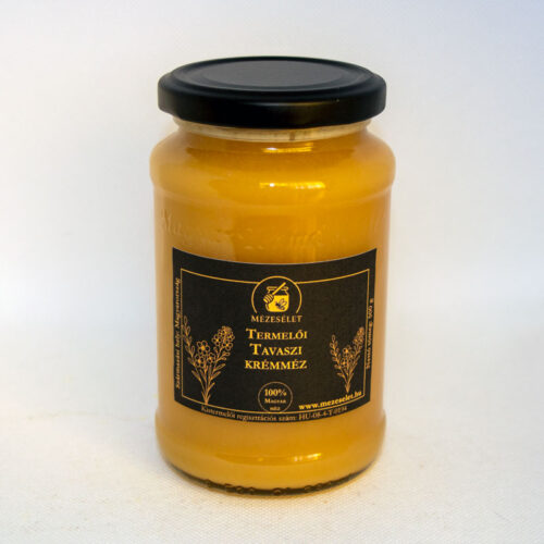 Tavaszi krémméz 500 g, termelői méz üvegben, fekete modern címkével rajta aranybarna mintákkal.