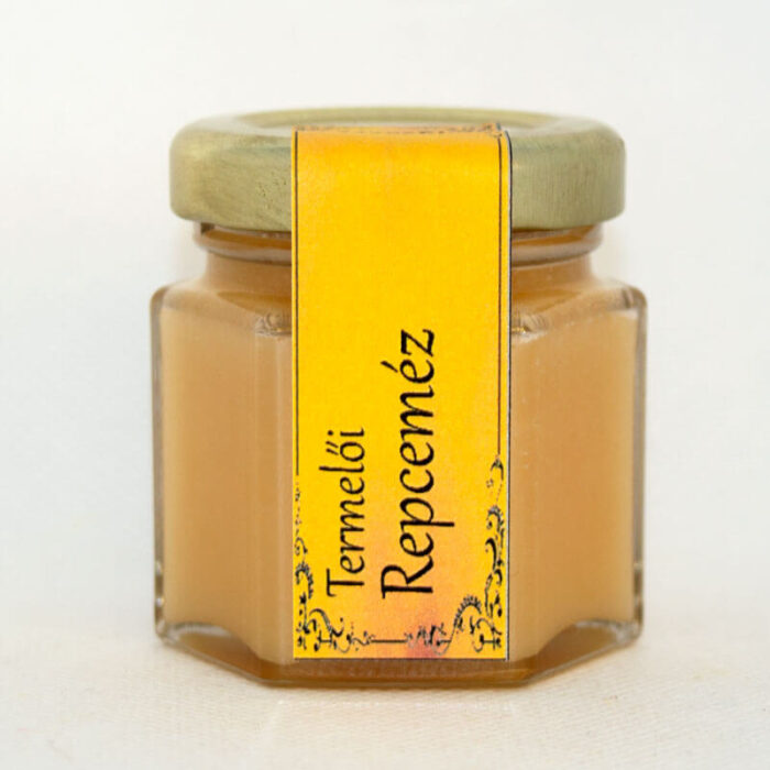 Mini repceméz, 65 g-os szögletes üvegben, sárga címkével.